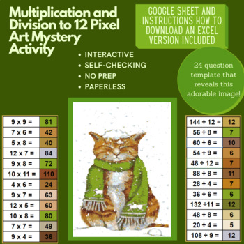 Preview of Mystery Digital Pixel Art NO PREP - Winter Cat Multiplication and Division to 12