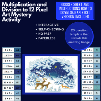 Preview of Mystery Digital Pixel Art NO PREP Winter Scene Multiplication and Division to 12