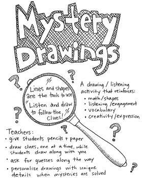 Mystery Drawings - set of five, K-5 classroom or art room activity