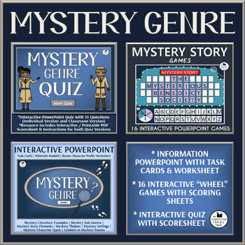 Preview of Mystery Genre Bundle - Information PowerPoint, 16 PPT Games, Task Cards and Quiz