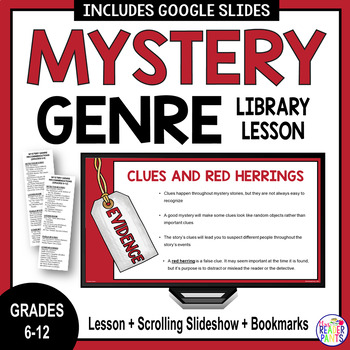 Preview of Mystery Genre Library Lesson - Middle School Library - Genre Lessons