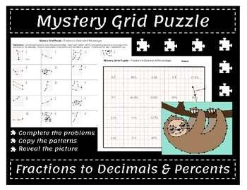 Preview of Mystery Grid Puzzle: (Sloth) Converting Fractions to Decimals & Percentages