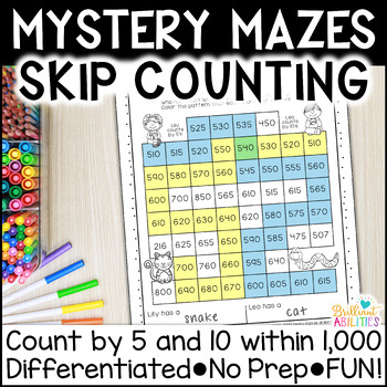 Preview of Skip Counting Practice Worksheets by 5 & 10 to 1000 No Prep Math Maze Activities