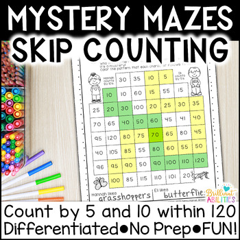 Preview of Skip Counting Practice Worksheets by 5 & 10 to 120 No Prep Math Maze Activities