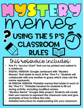 Preview of Mystery Memes: 5 Ps Class Rules Activity & Project (Virtual & In-Person Options)