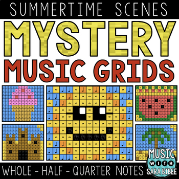 Preview of Mystery Music Grids - Coloring - Summer Scenes (Whole/Half/Quarter Note Values)