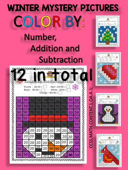 Preview of Winter Mystery Pictures - Math Centers - 1st Grade CCSSMATHCONTENT2OAB2