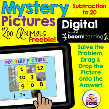 Preview of Mystery Picture Math Boom Cards Freebie - Subtraction to 20 Distance Learning