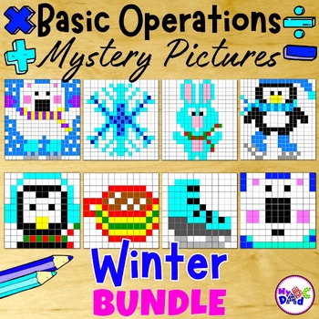 Preview of Winter Basic Operations Mystery Picture Math Activities BUNDLE