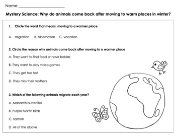 Mystery Science Comprehension Questions - Migration (Why Do Animals Come  Back)