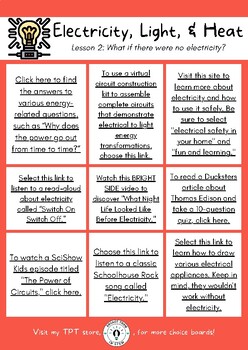 Preview of Mystery Science Electricity Light & Heat 4th Grade Lesson 2 Digital Choice Board