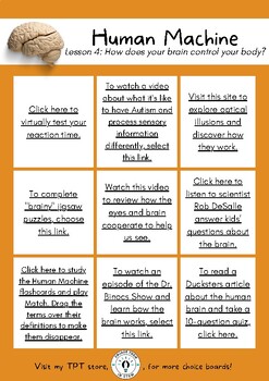 Preview of Mystery Science Human Machine 4th Grade Lesson 4 Digital Choice Board Brain