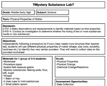 Preview of Mystery Substance, Physical Properties of Matter Lab