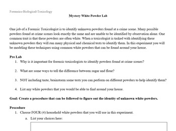 Preview of Mystery White Powder Lab for Forensic Science Toxicology Unit