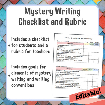 Preview of Mystery Writing Student Checklist and Teacher Rubric *Editable*