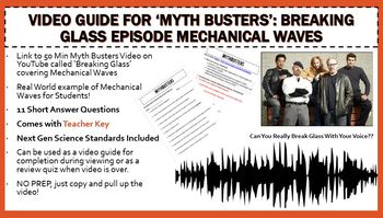 Preview of Mythbusters Breaking Glass Episode Mechanical Waves Worksheet Movie Guide (+Key)