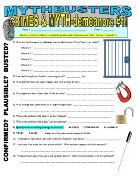 Preview of Mythbusters : Crimes & Myth-Demeanors 1 (science video sheet / STEM / sub plans)