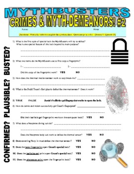 Preview of Mythbusters : Crimes and Myth-demeanors 2 (forensic science video sheet / STEM)