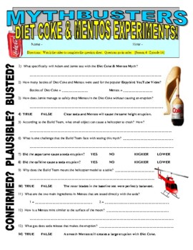 Mythbusters : Diet Coke & Mentos (video worksheet) by Marvelous Middle