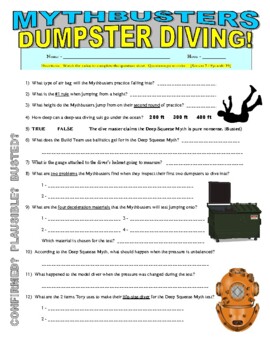 Preview of Mythbusters : Dumpster Dive (science video sheet / sub plan / physics / no prep)
