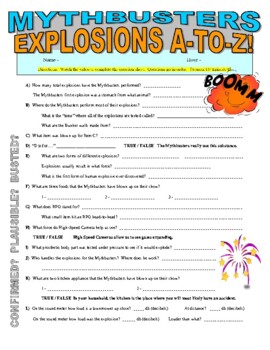 Preview of Mythbusters : Explosions A-to-Z (science video worksheet / sub plan / chemistry)