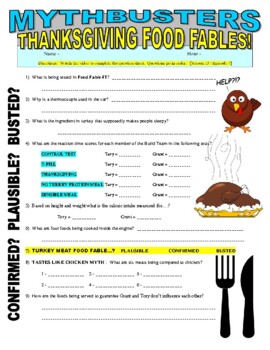 Mythbusters : Food Fables (video worksheet) / Thanksgiving | TpT