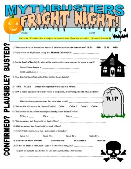 Preview of Mythbusters : Fright Night Halloween Special (science video worksheet / STEM)
