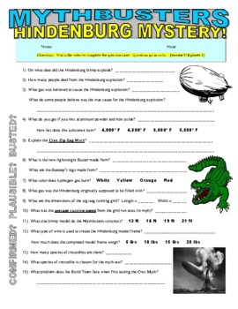 Preview of Mythbusters : Hindenburg Mystery (science / history / STEM video worksheet)