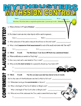 Preview of Mythbusters: Mythssion Control (motion & physics science video worksheet / STEM)