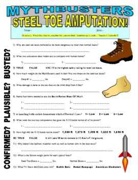Preview of FREE Mythbusters : Steel Toe Amputation (science video sheet / STEM / sub plans)
