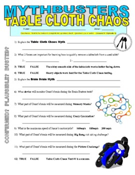 Preview of Mythbusters: Table Cloth Chaos (science video sheet / physics / inertia / brain)
