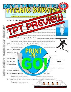 Preview of Mythbusters : Titanic Survival (science / history video worksheet / sub plans)