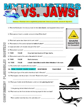 Preview of Mythbusters : VS JAWS (science video worksheet / sharks / animals / sub plan)