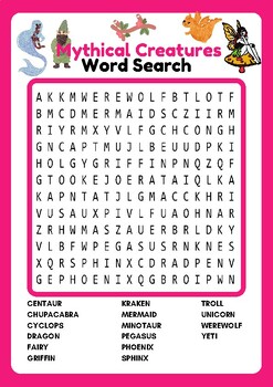 Preview of Mythical Creatures Word Search Puzzle For Kids