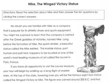 Preview of Mythology NIKE, WINGED VICTORY STATUE Worksheet + 10 Multiple Choice Read Comp Q