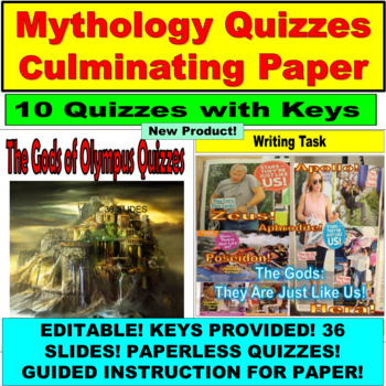 Preview of Mythology Quizzes and Writing Task: 10 Paperless Quizzes with Keys