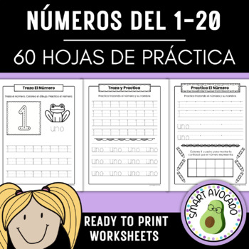 Preview of Números 1-20 Práctica Spanish Numbers 1-20 | PreK | Kindergarten | 1st Grade