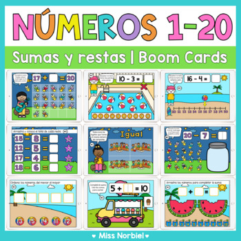 Preview of Números del 1 -20 Boom cards | Sumas, restas y comparar | Numbers to 20 Spanish