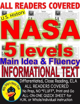 Preview of NASA FACTS CLOSE READING 5 LEVELED PASSAGES Main Idea Fluency Check TDQs & More