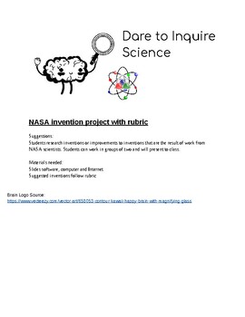 Preview of NASA Product Invention Project with Rubric
