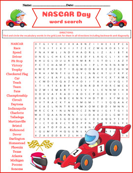 Preview of NASCAR Day Word Search Puzzle Activity Worksheet Color & B/W ⭐No Prep⭐