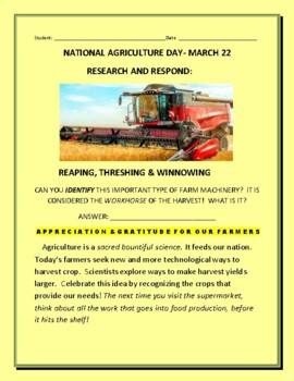 Preview of NATIONAL AGRICULTURE DAY: MARCH 22: APPRECIATE FARMERS! GRS.5-12, MG, VOCATIONAL