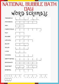 NATIONAL BUBBLE BATH DAY word scramble puzzle worksheet activity