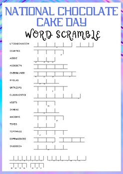 NATIONAL CHOCOLATE CAKE DAY word scramble puzzle worksheet activity