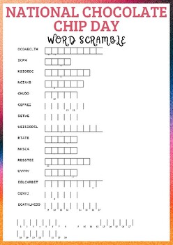 NATIONAL CHOCOLATE CHIP DAY Word scramble puzzle worksheet activity