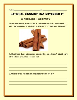 Preview of NATIONAL CINNAMON DAY: NOVEMBER 1: A RESEARCH ACTIVITY: COOKING/VOCATIONAL