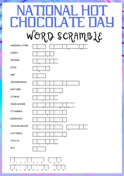 NATIONAL HOT CHOCOLATE DAY word scramble puzzle worksheet activity