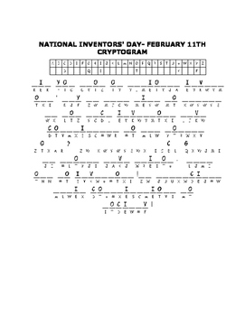 Preview of NATIONAL INVENTORS' DAY-FEBRUARY 11TH, A CRYPTOGRAM
