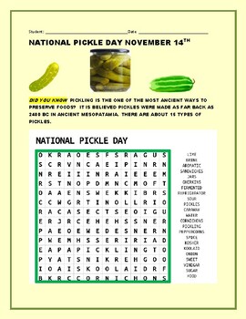 Preview of NATIONAL PICKLE DAY - NOVEMBER 14TH: WORD SEARCH