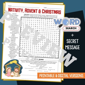 Preview of NATIVITY, ADVENT, CHRISTMAS Word Search Puzzle Activity Worksheet Secret Message